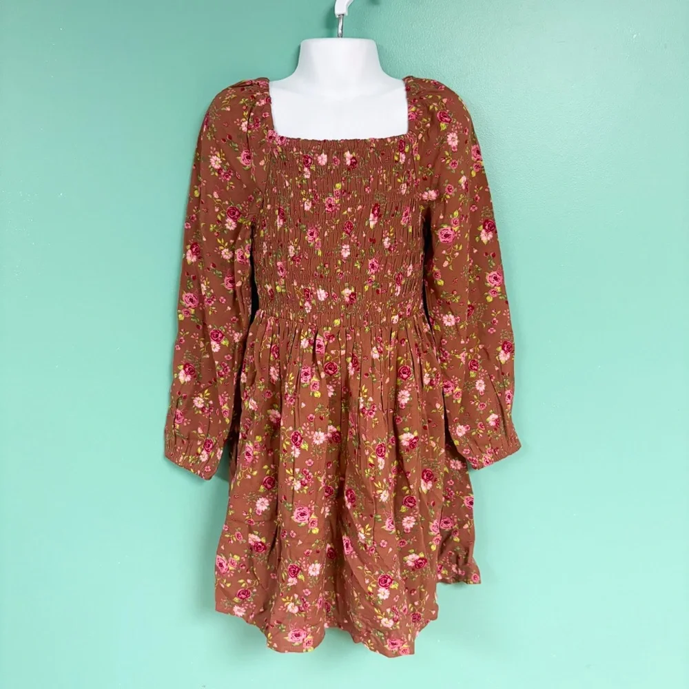 NWT Children’s Place Rust & Pink Floral Boho Long Sleeve Smocked Dress S 5/6 NEW